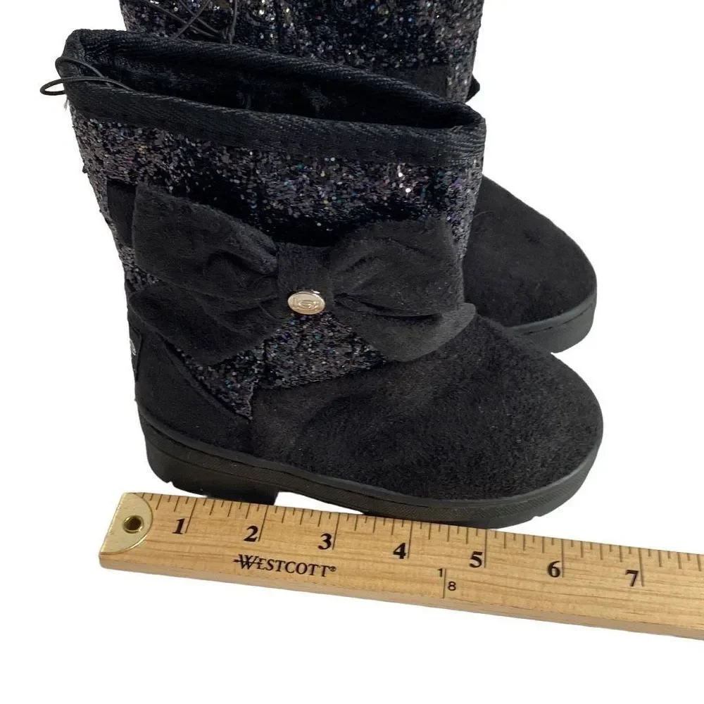 New Bebe Girls Black with Glitter and Bow Faux Suede Boots Size 7 Faux Fur Linin